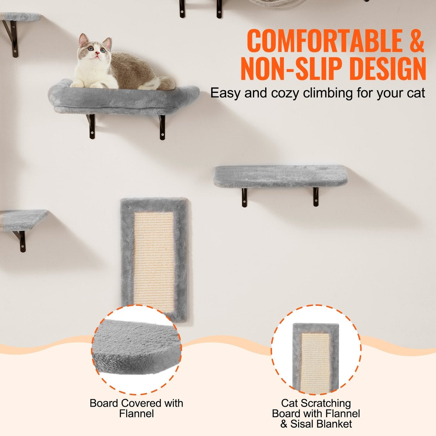 VEVOR Wall Mounted Cat Shelves, Cat Wall Shelves and Perches with Jumping Boards, Hammock, Sofa, Cat Tree & Cat Grip, Cat Furniture and Shelves up to 40 lbs for Sleeping, Playing, Climbing, Set of 6