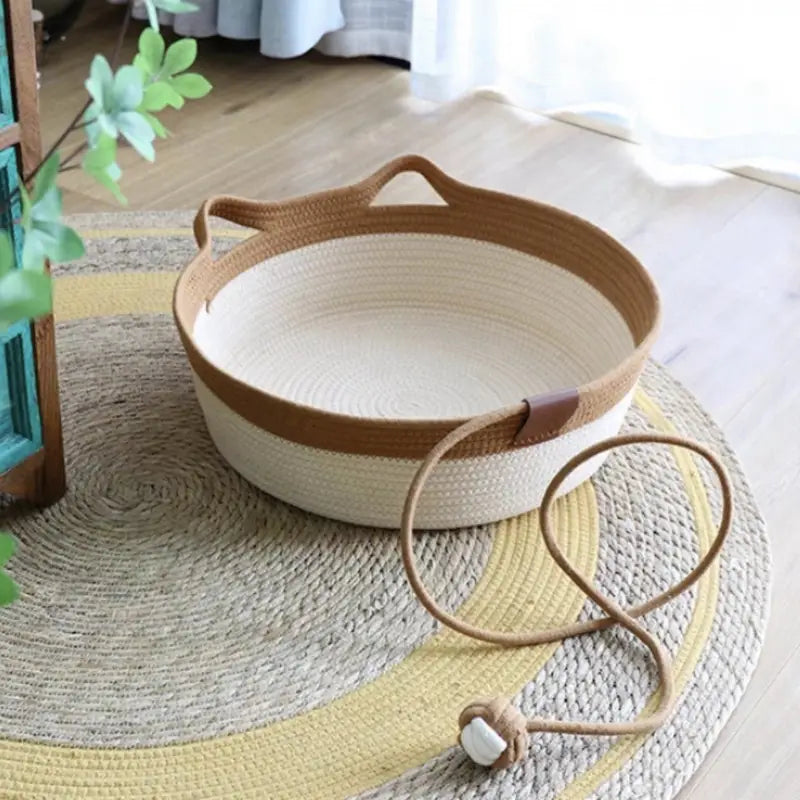 NNETM Cat Ear Shape Thickened Woven Cat Scratching Board Pet Bed - Khaki White
