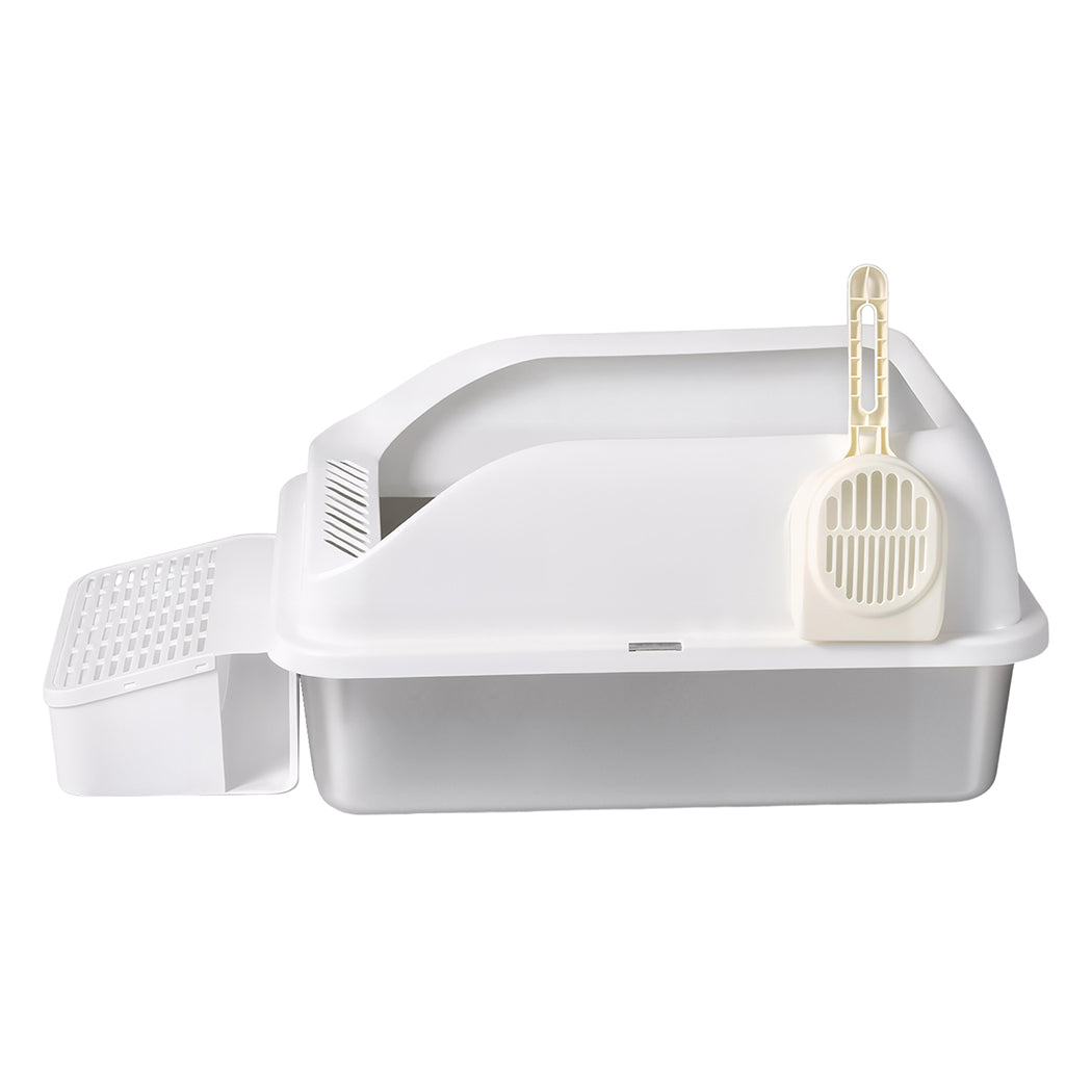 Pawz Stainless Steel Cat Litter Box Big Cats Kitten High Sided Easy Clean White