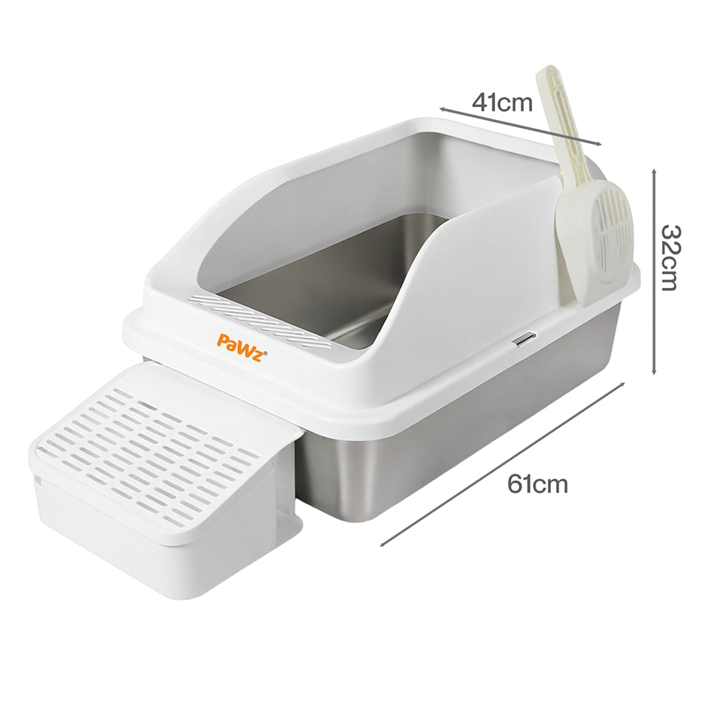 Pawz Stainless Steel Cat Litter Box Big Cats Kitten High Sided Easy Clean White